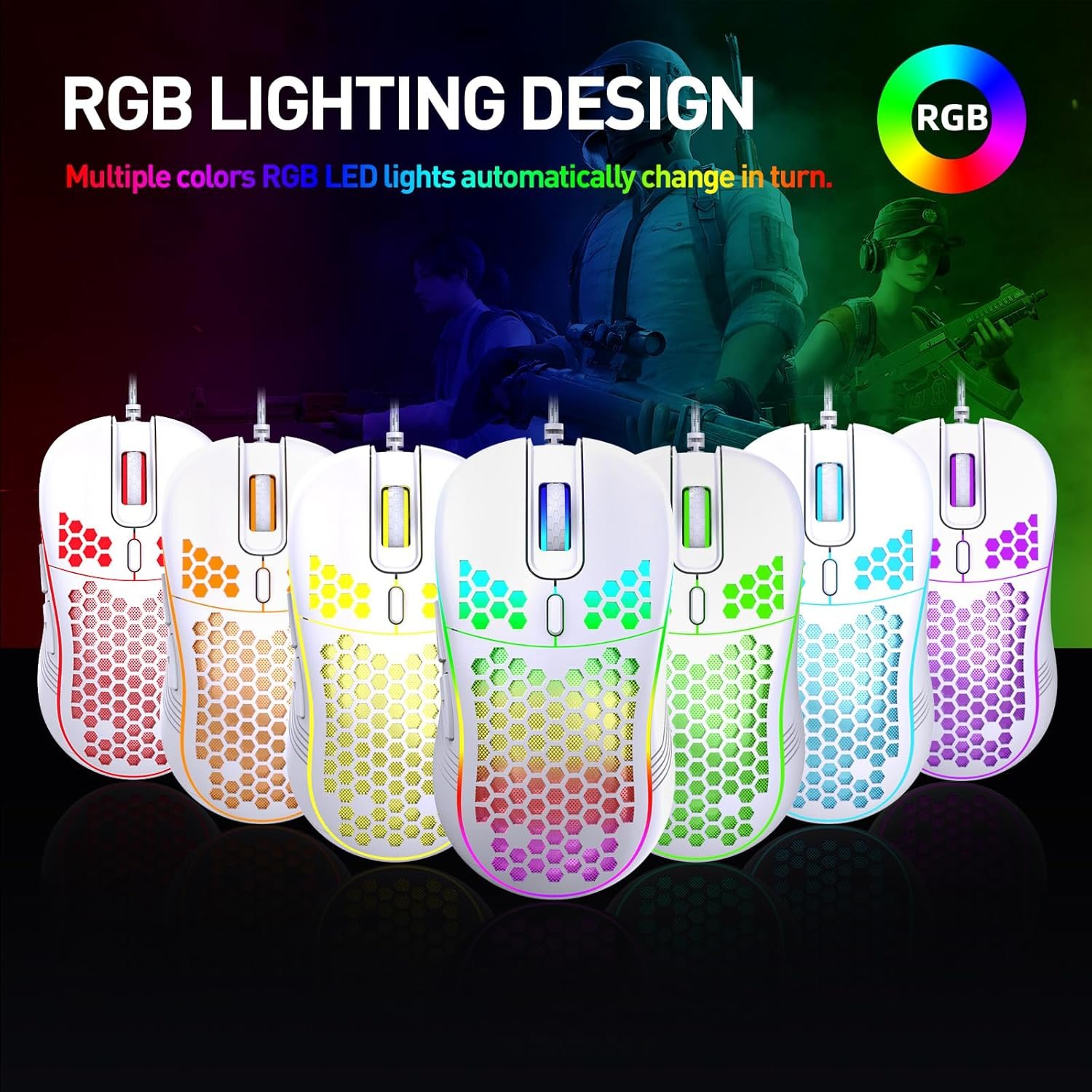 Wired Gaming Mouse, Computer Mouse Ergonomic Mice Honeycomb Design with RGB Backlight, 6 Buttons for PC/Mac/Laptop - Image 6