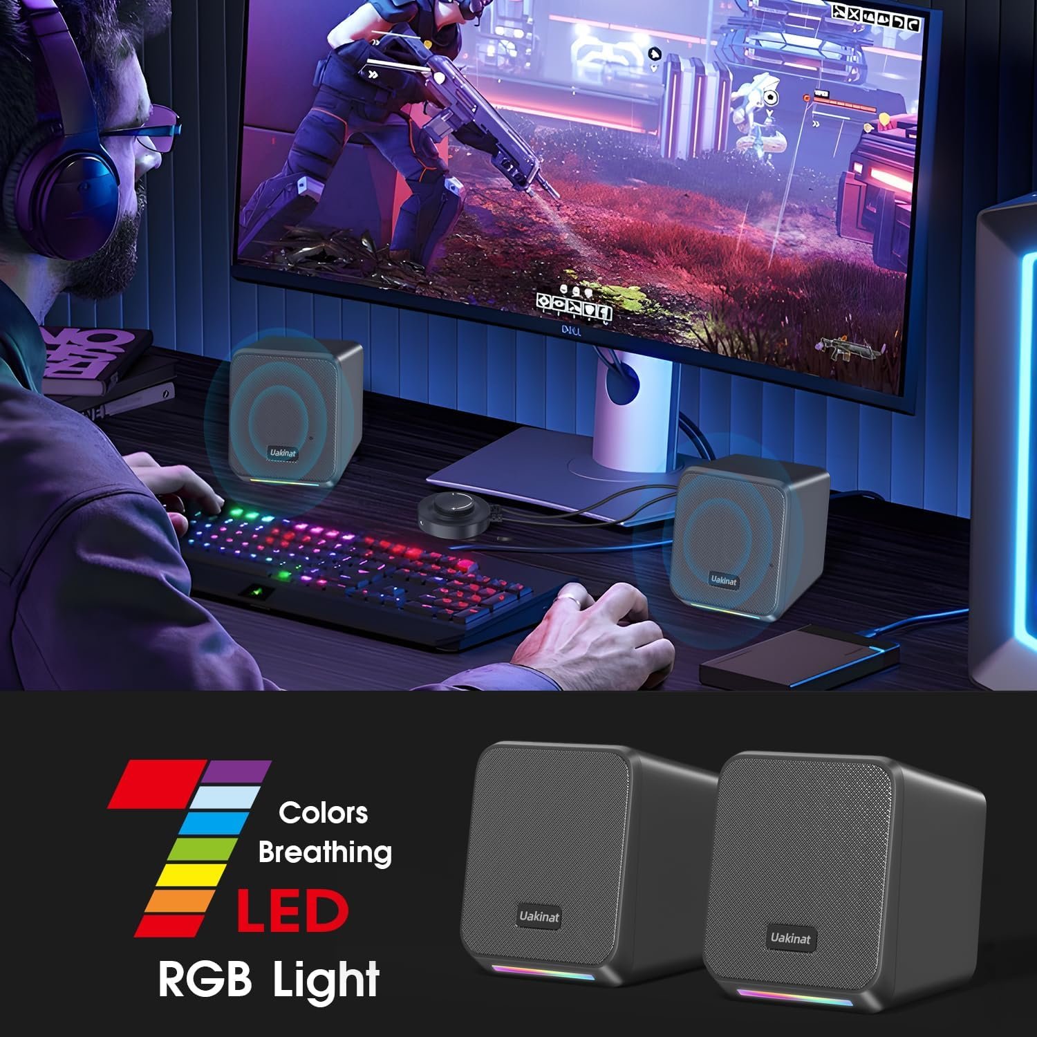 Computer Speakers,with 7 Colorful RGB Lights, Headphone Jack, Enhanced Bass and Volume Control, PC Speakers USB Powered Gaming Speakers for Laptop Monitor PC Tablet Phone - Image 5
