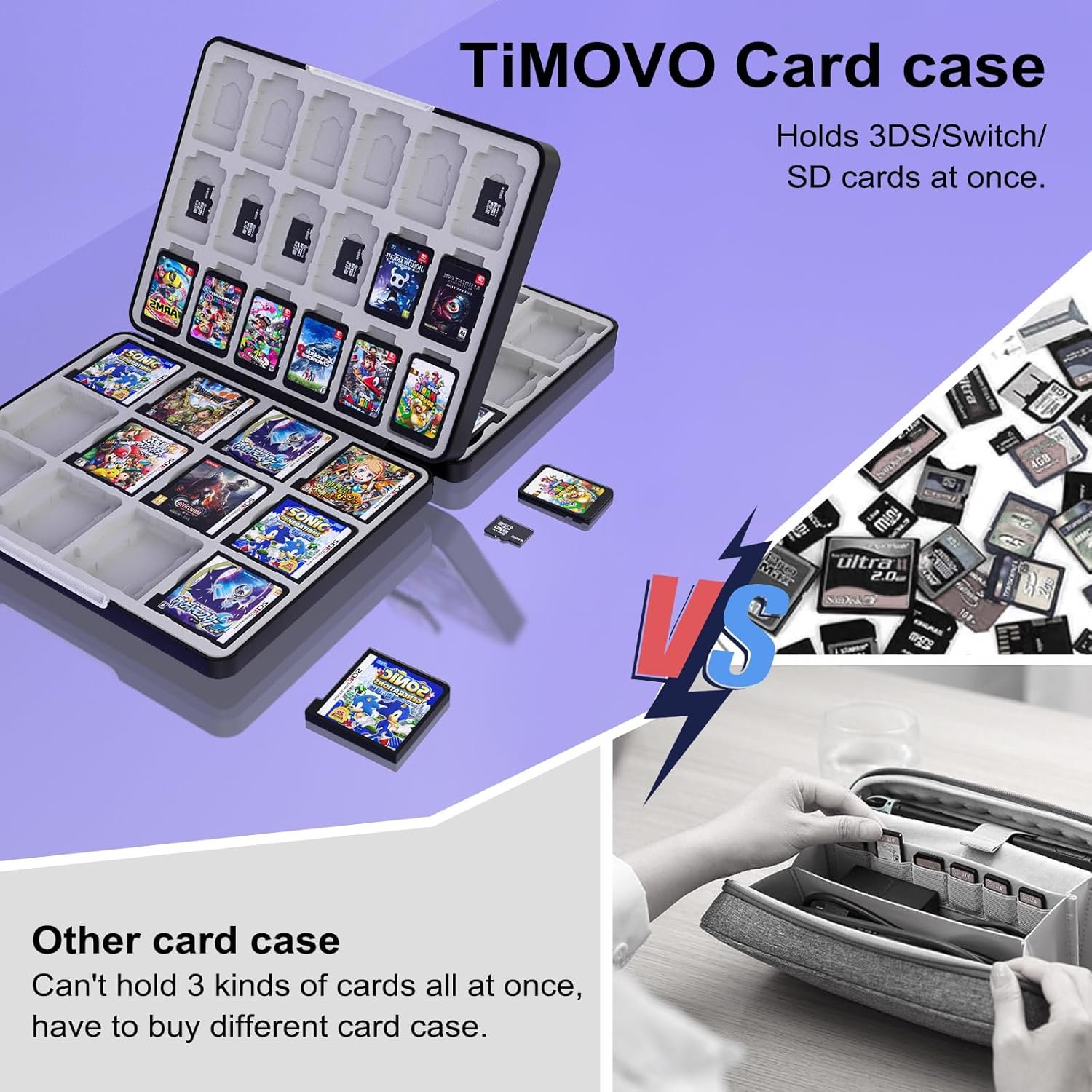 TiMOVO 60 Game Card Case for Switch OLED/Switch/3DS/2DS, 60 Slots Switch Game Holder Cartridge For 24 3DS/3DSXL/DS/DSi Cards & 60 Switch & 36 SD Cards, 3 in 1 Portable Game Storage Case, Black & Gray - Image 3