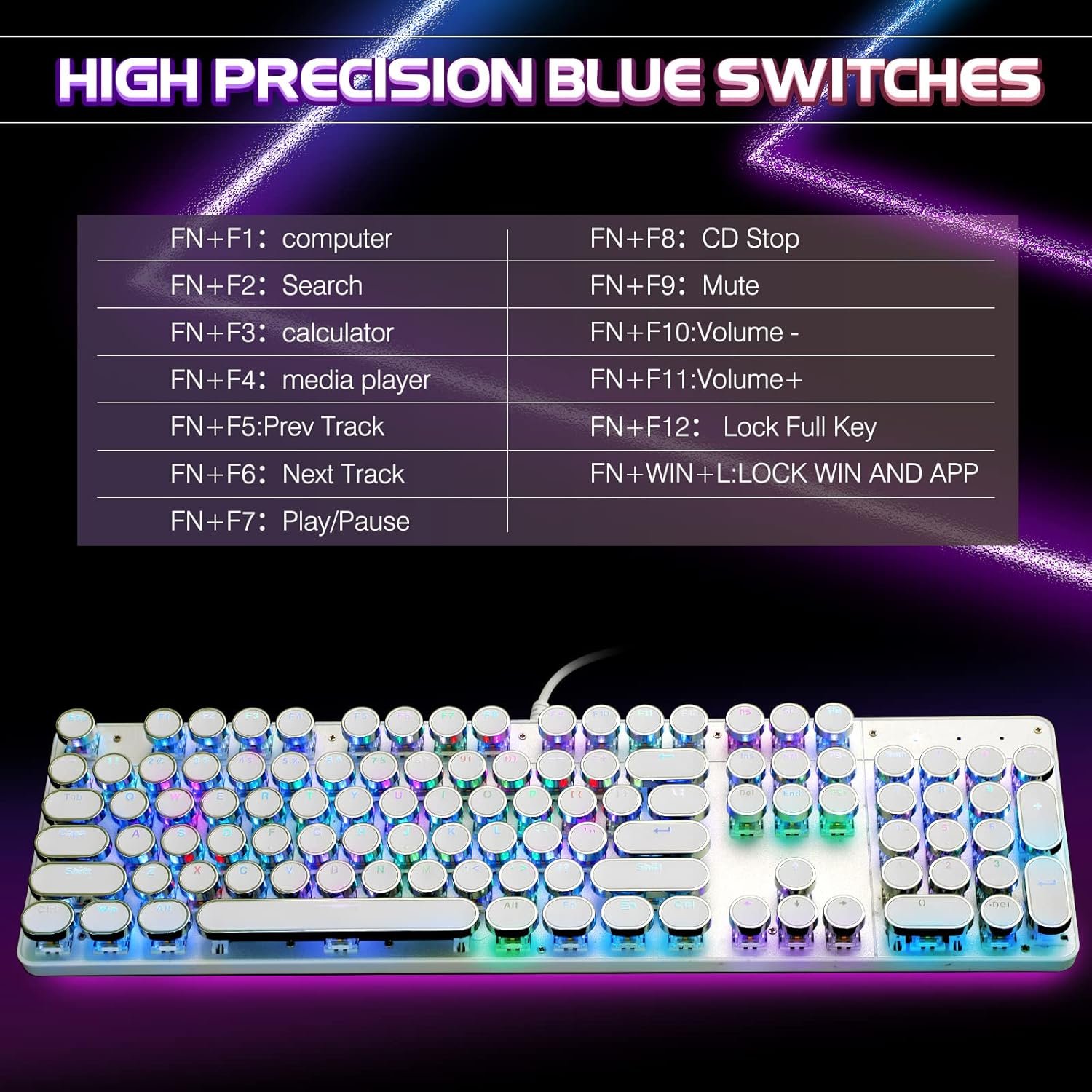 Typewriter Style Mechanical Gaming Keyboard RGB Backlit Wired with Blue Switch Retro Round Keycap 104 Keys Keyboard (White 104 Keys RGB) - Image 6