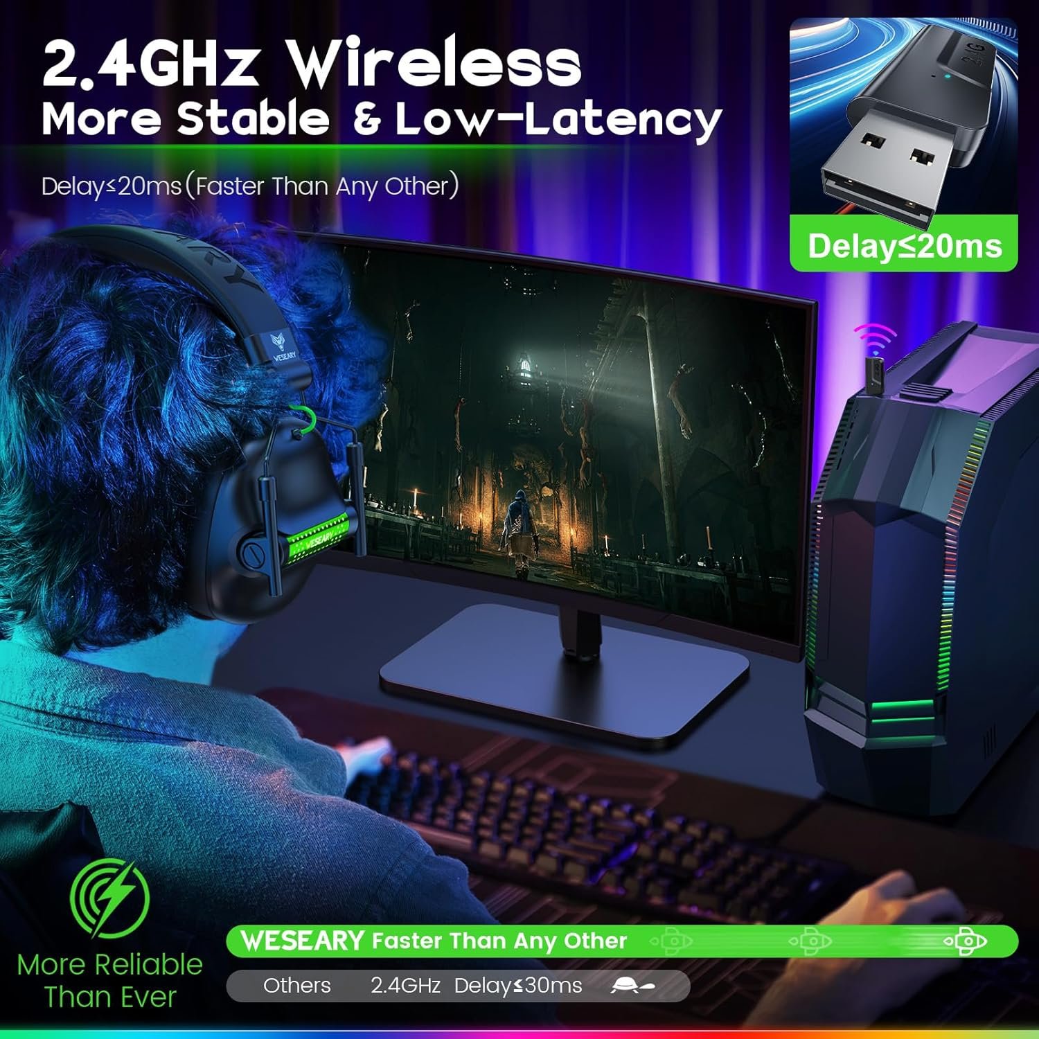 WG2 Wireless Gaming Headsets with Microphone for PS5, PS4, PC, Switch, Mac, Crystal Stereo Bluetooth Headphones, Wireless Headset 2.4GHz with Lossless Audio, 50 Hr Battery, Cool LED - Image 8