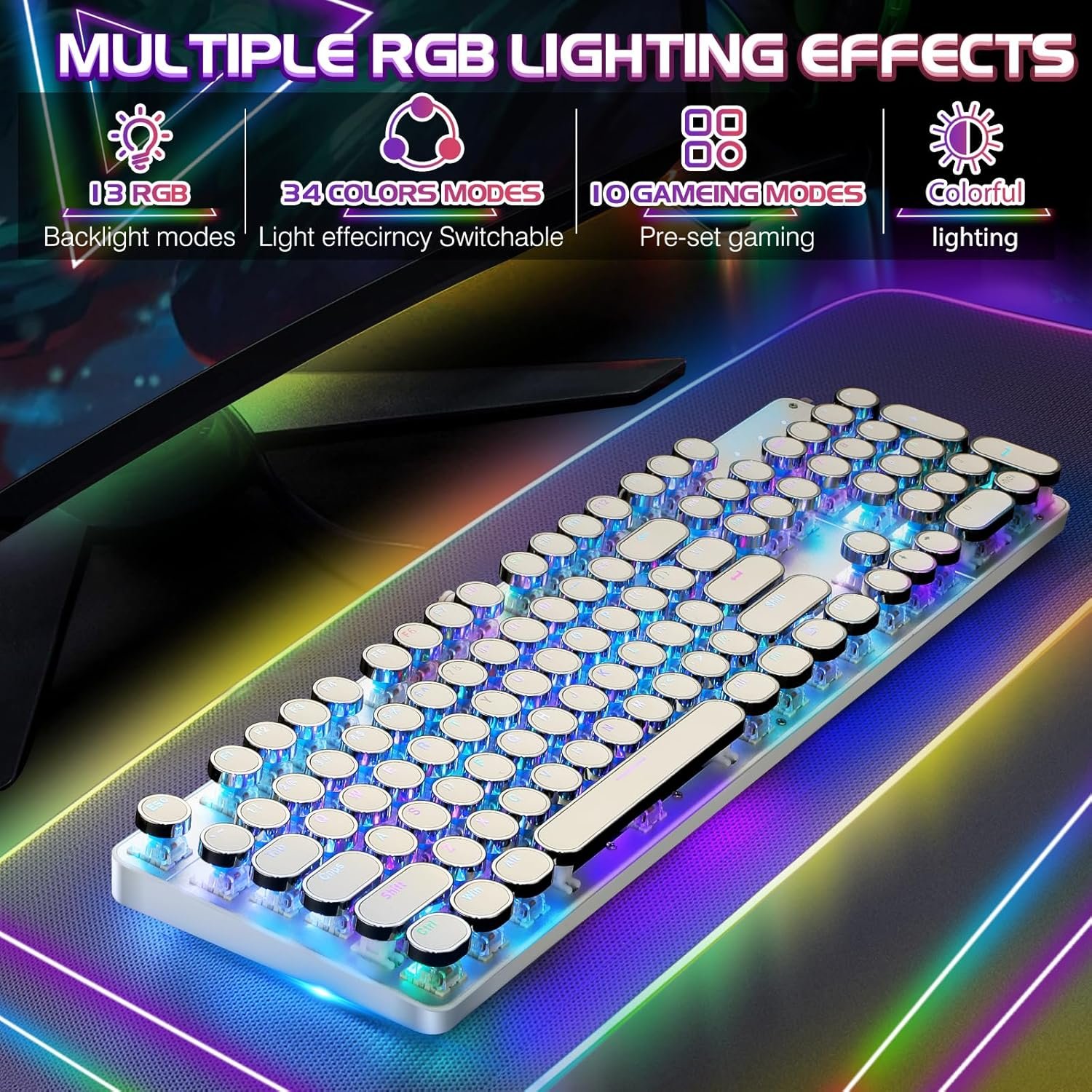 Typewriter Style Mechanical Gaming Keyboard RGB Backlit Wired with Blue Switch Retro Round Keycap 104 Keys Keyboard (White 104 Keys RGB) - Image 3