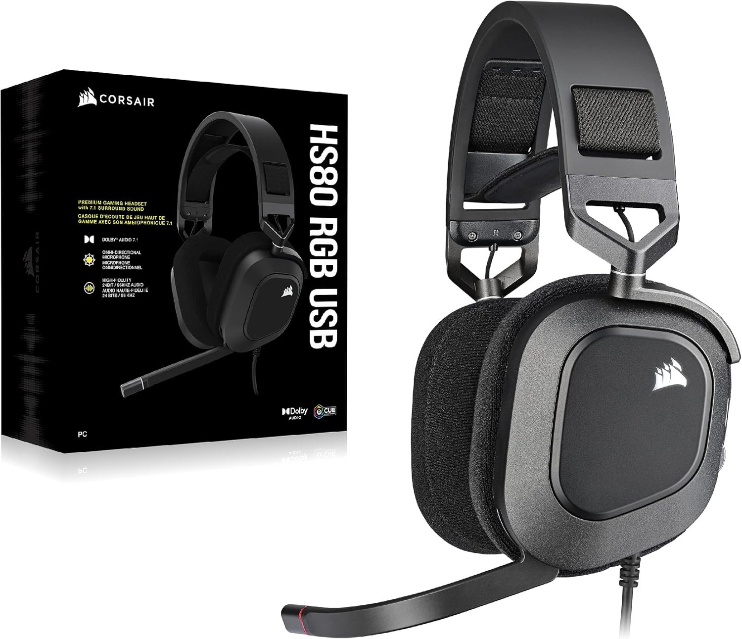 Corsair HS80 RGB USB Premium Gaming Headset with Dolby Audio 7.1 Surround Sound (Broadcast-Grade Omni-Directional Microphone, Memory Foam Earpads, High-Fidelity Sound, Durable Construction) Carbon - Image 8