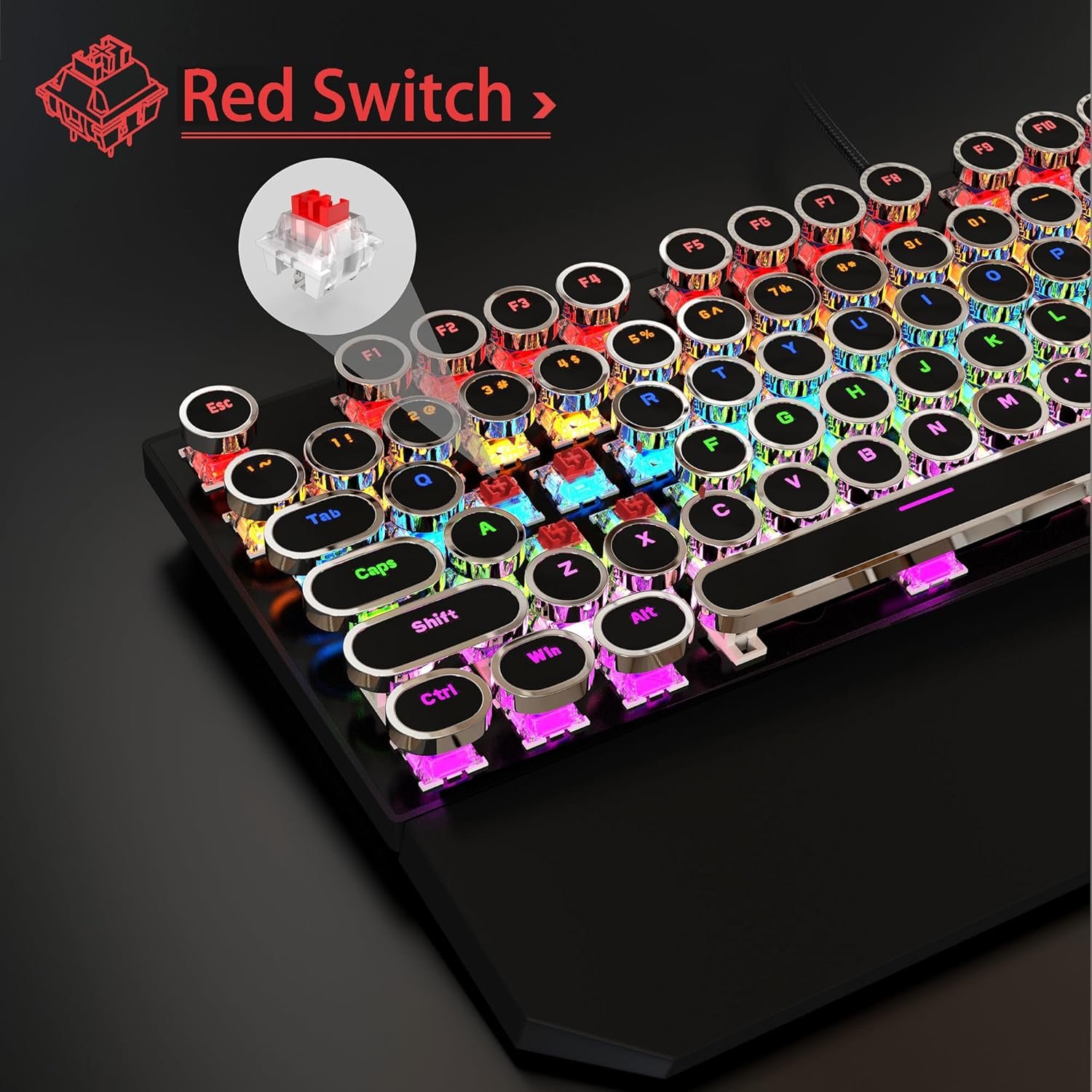 Typewriter Mechanical Gaming Keyboard and Mouse Combo, Retro Punk Round Keycaps RGB Rainbow LED Backlit USB Wired Computer Keyboard for Game and Office, for Windows Laptop PC, Red Switches(Black) - Image 5