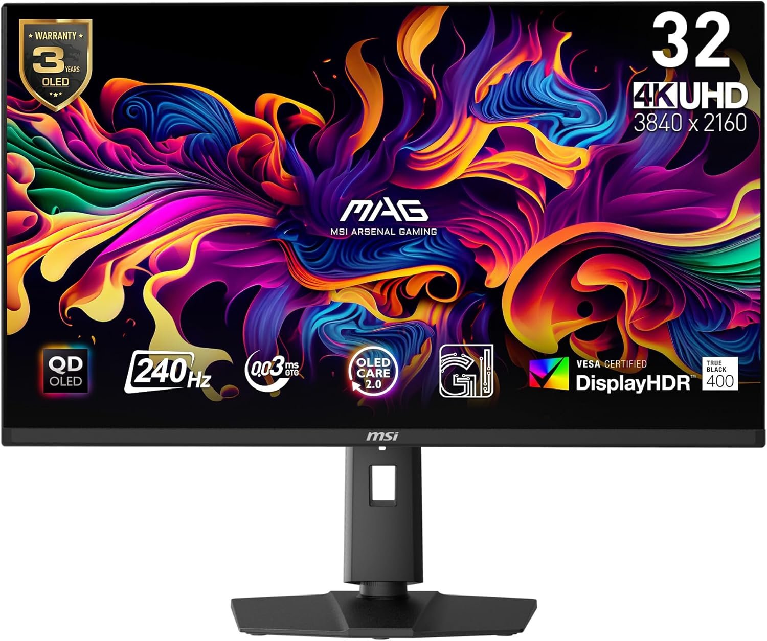 MSI MAG 321UPX QD-OLED, 32" 4K UHD Quantum Dot OLED Gaming Monitor, 3840 x 2160, 0.03ms, 240Hz, True Black HDR 400, 15W USB Type C, HDMI, DP Port - Image 2