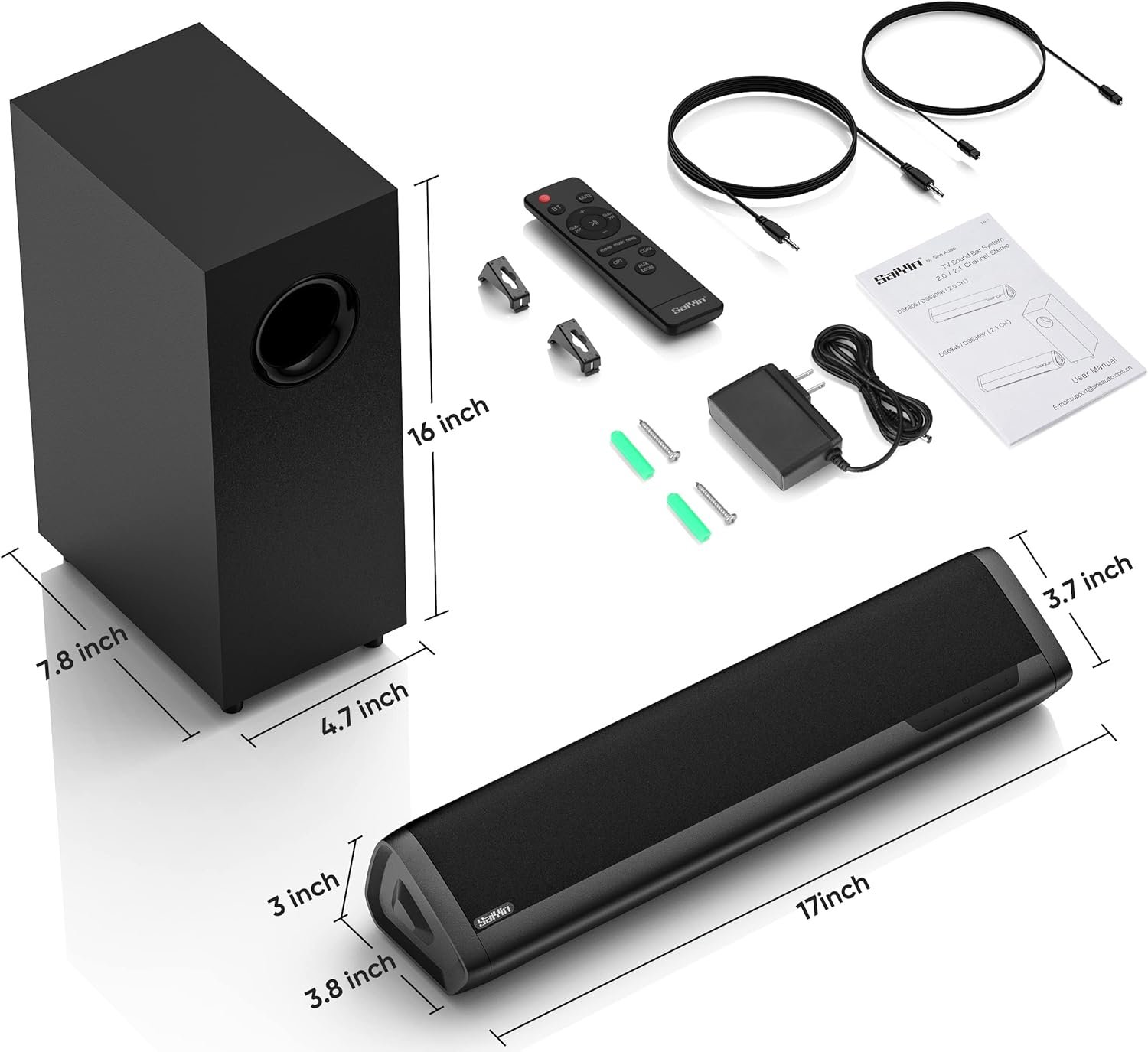 Saiyin Sound Bars for TV with Subwoofer, 2.1 Deep Bass Small Soundbar Monitor Speaker Home Theater Surround System PC Gaming Bluetooth/AUX/Optical Connection, Wall Mountable 17-inch - Image 8