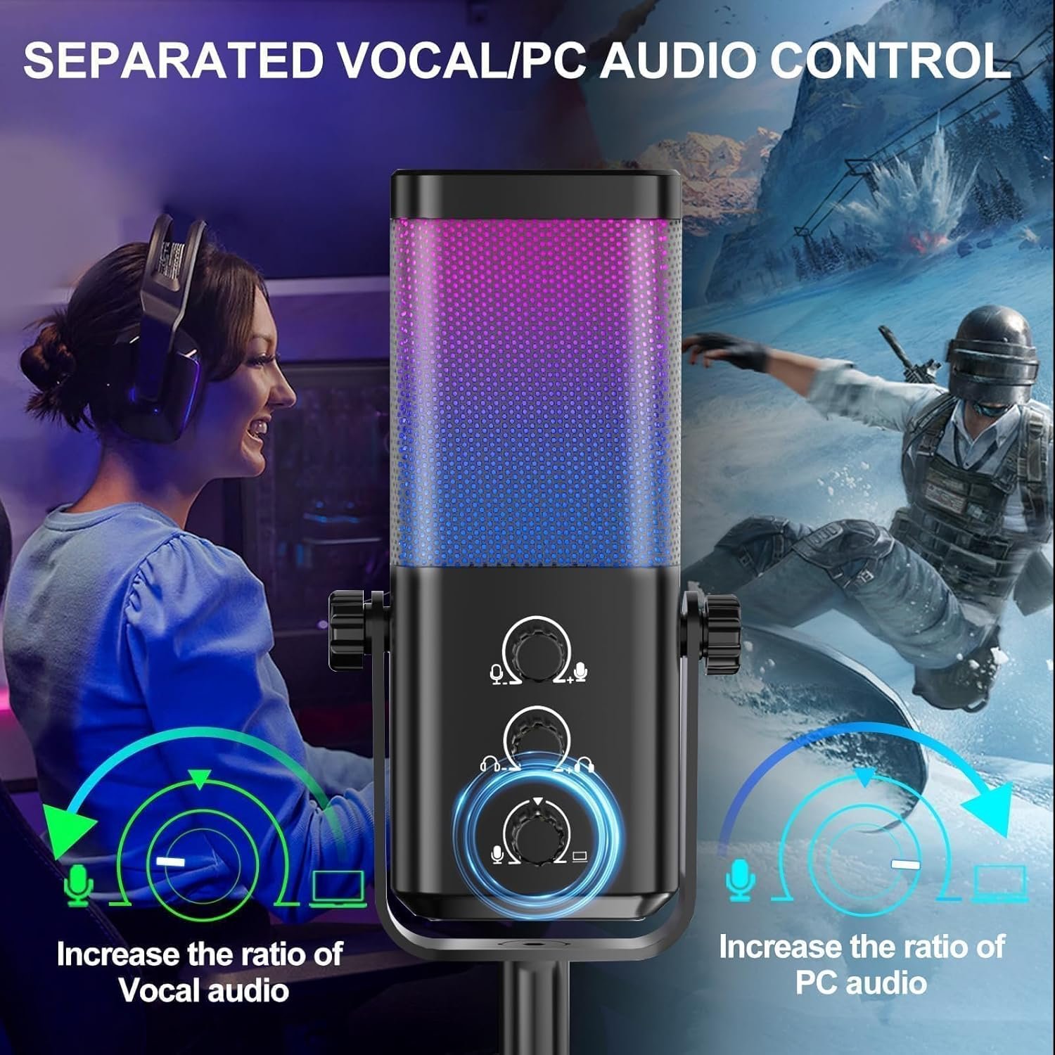 Gaming Mic, with Game Voice Balance& One Touch Noise Cancellation, USB Condenser Microphone for PC/PS4/PS5/Mac, with Mute&Monitoring, RGB Microphone for Podcast, Streaming, Recording, Discord - Image 4