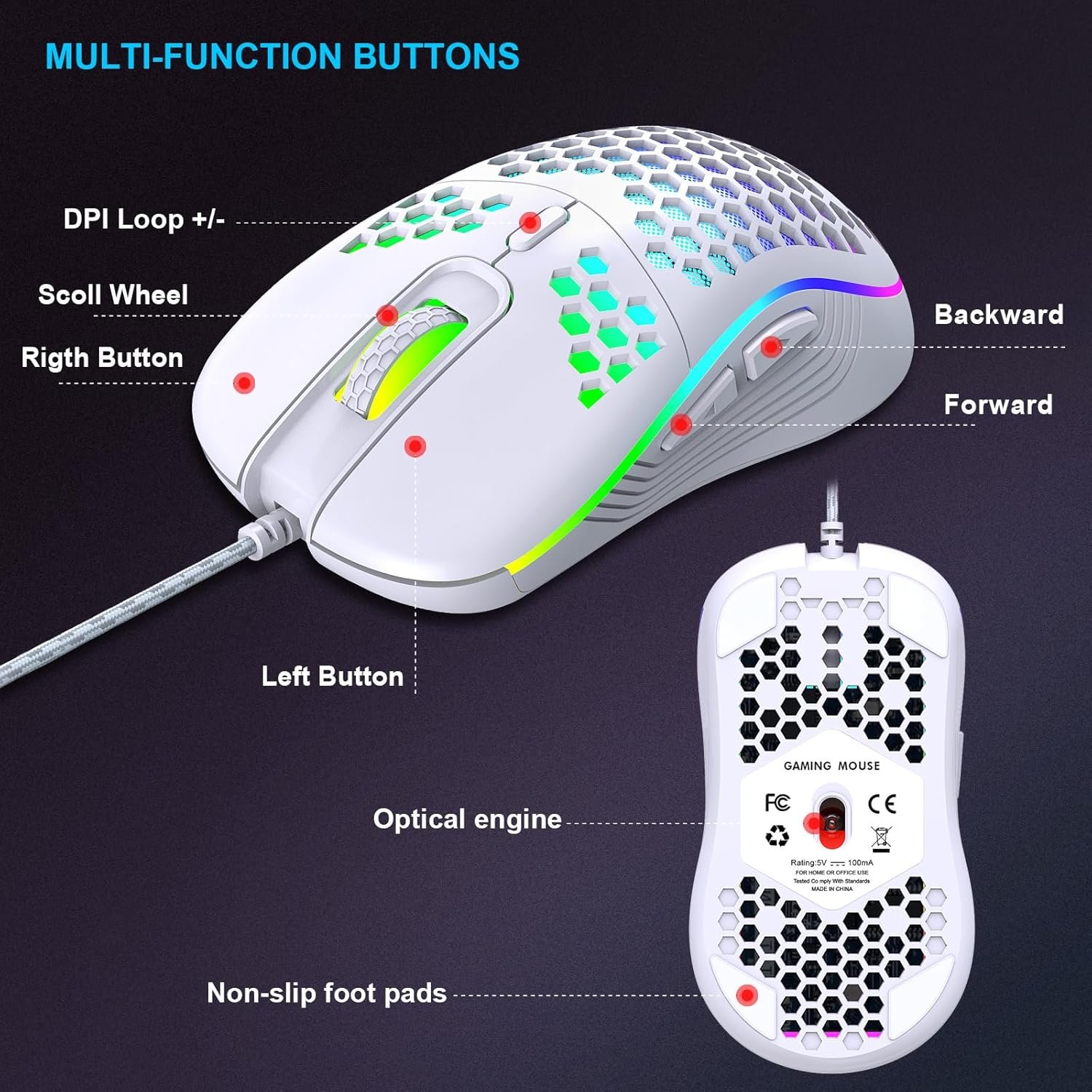 Wired Gaming Mouse, Computer Mouse Ergonomic Mice Honeycomb Design with RGB Backlight, 6 Buttons for PC/Mac/Laptop - Image 7