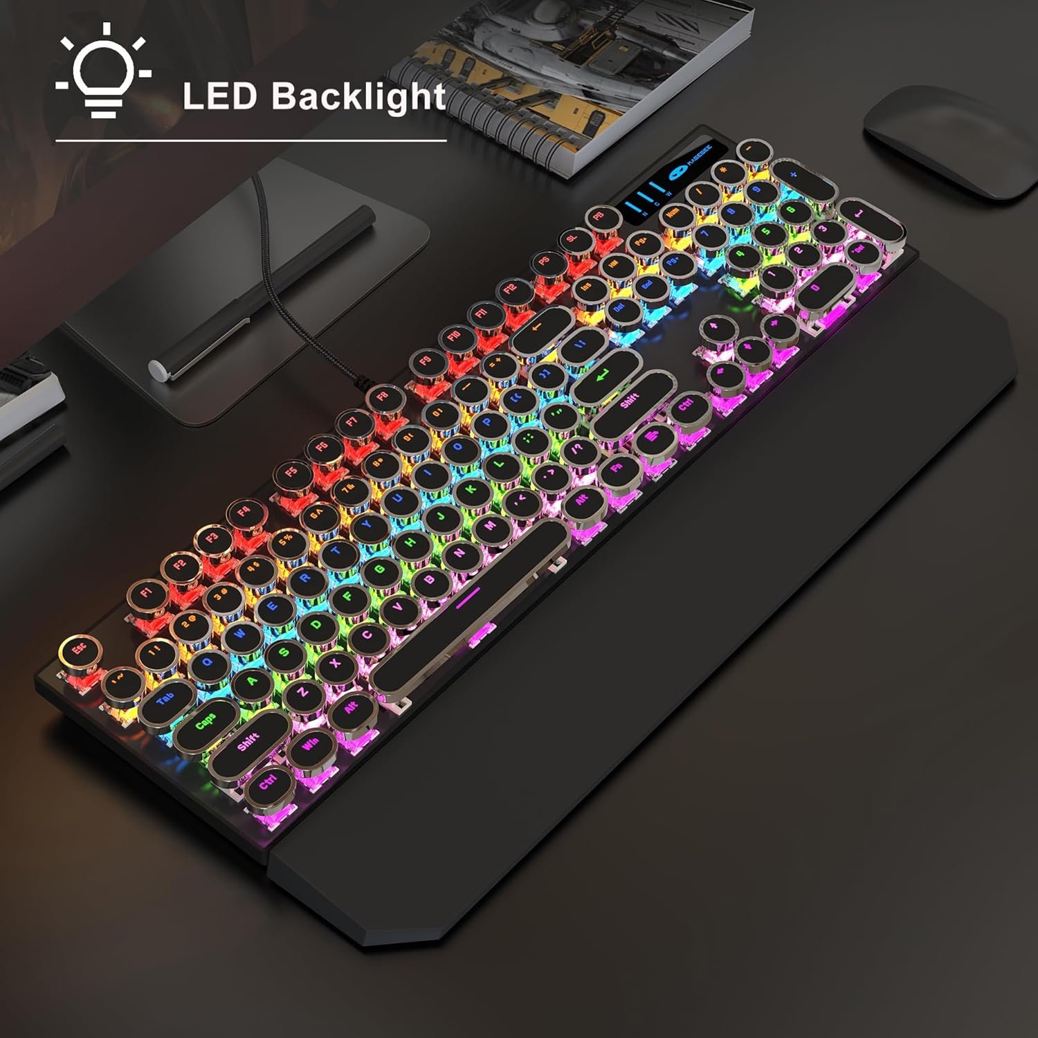 Typewriter Mechanical Gaming Keyboard and Mouse Combo, Retro Punk Round Keycaps RGB Rainbow LED Backlit USB Wired Computer Keyboard for Game and Office, for Windows Laptop PC, Red Switches(Black) - Image 3