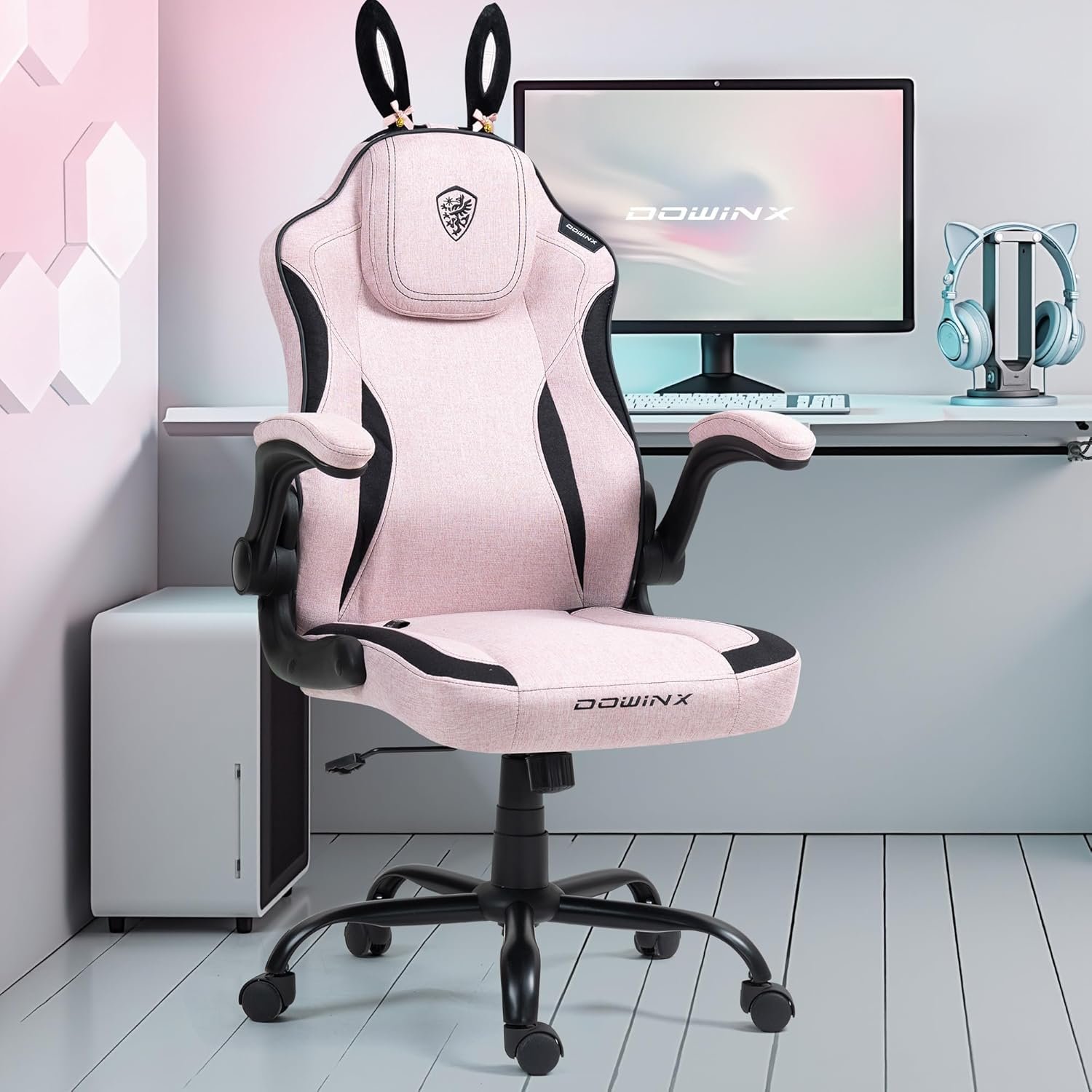 Dowinx Gaming Chair with Removable Cute Bunny Ears, Desk Game Chair Adiustable Height Cloth for Girl, Ergonomic Computer Chair for Adult, Teen, Executive Design for Home and Office, Pink - Image 2