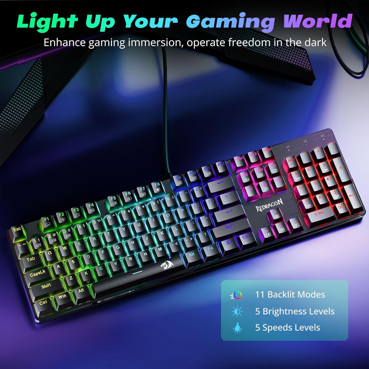 Redragon Mechanical Gaming Keyboard Wired, 11 Programmable Backlit Modes, Hot-Swappable Red Switch, Anti-Ghosting, Double-Shot PBT Keycaps, Light Up Keyboard for PC Mac - Image 3