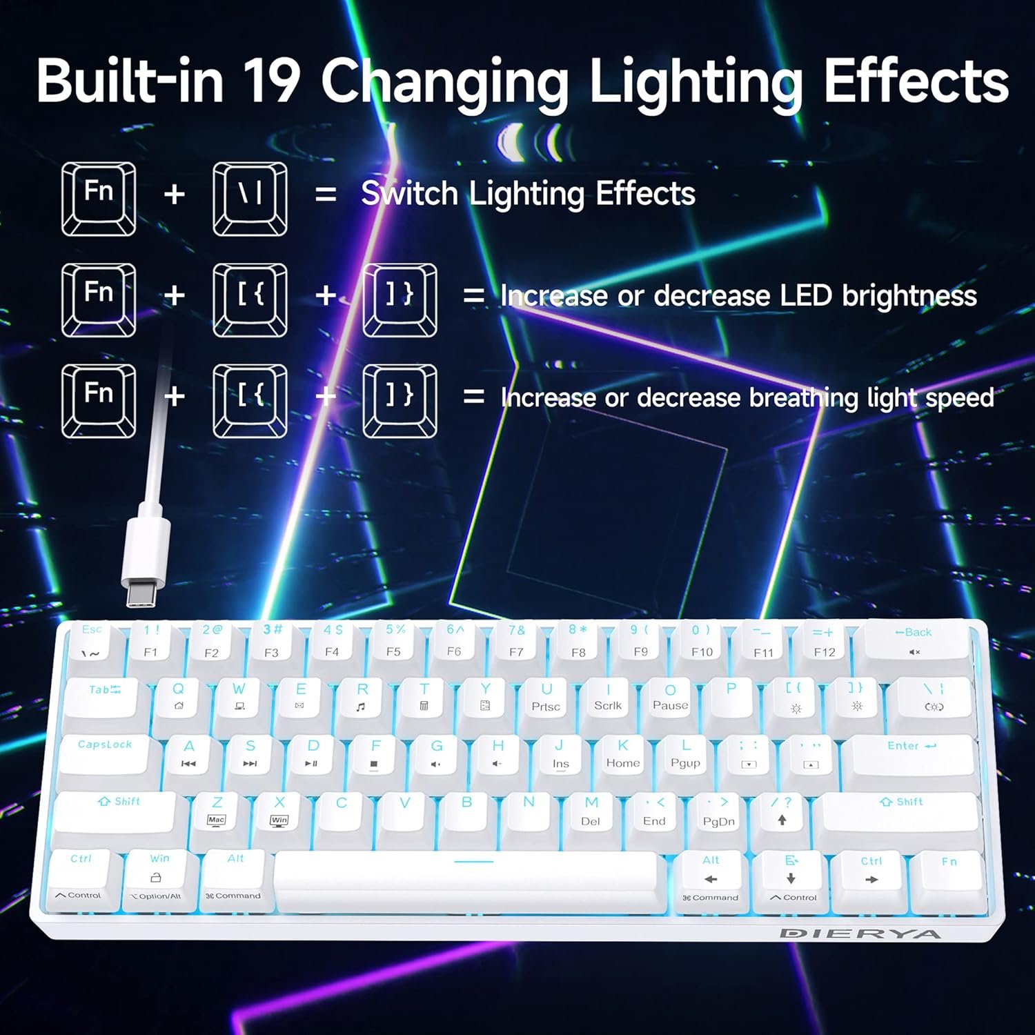 DIERYA DK61SE 60% Mechanical Gaming Keyboard, 61 Keys Anti-Ghosting, LED Backlight, Detachable USB-C, Ultra-Compact Mini Wired Keyboard with Blue Clicky Switch for Windows Laptop PC Gamer Typist - Image 8