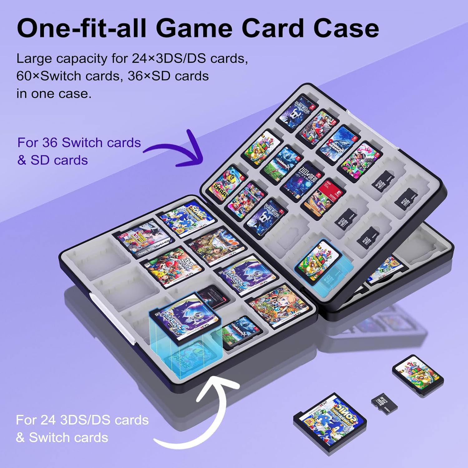 TiMOVO 60 Game Card Case for Switch OLED/Switch/3DS/2DS, 60 Slots Switch Game Holder Cartridge For 24 3DS/3DSXL/DS/DSi Cards & 60 Switch & 36 SD Cards, 3 in 1 Portable Game Storage Case, Black & Gray - Image 4