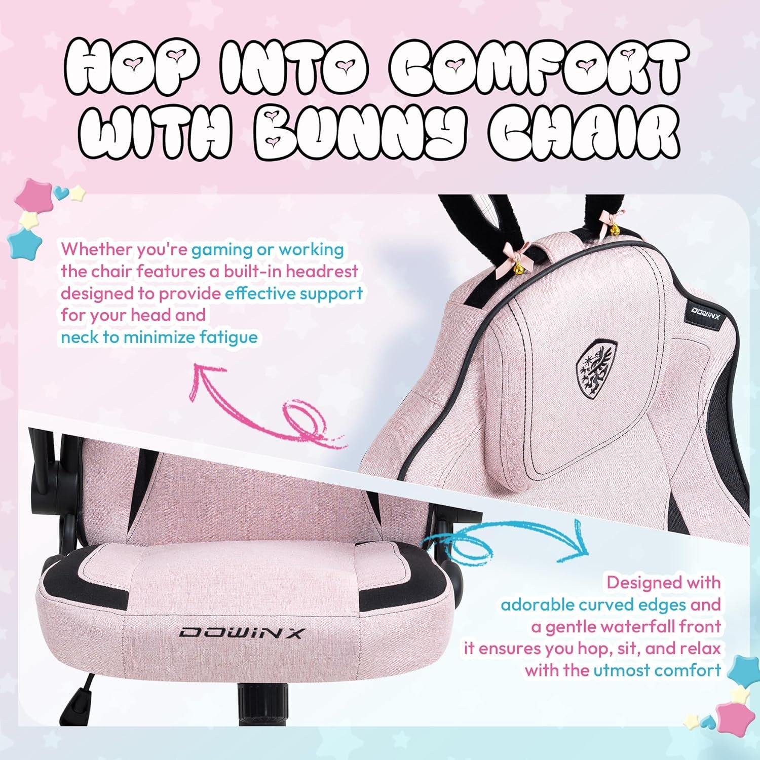 Dowinx Gaming Chair with Removable Cute Bunny Ears, Desk Game Chair Adiustable Height Cloth for Girl, Ergonomic Computer Chair for Adult, Teen, Executive Design for Home and Office, Pink - Image 7