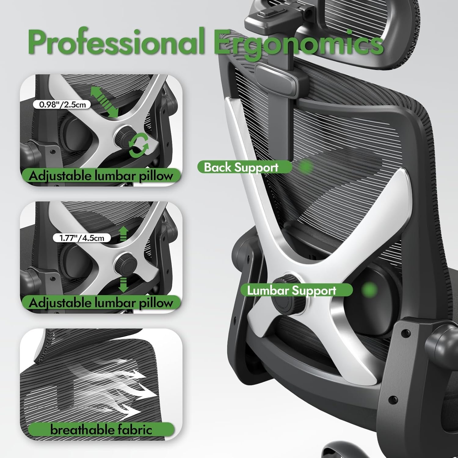 Ergonomic Office Chair - X-Shaped Computer Desk Chair Comfy, Gaming Chair, Office Chair with Lumbar Support, Mesh Office Chairs with Headrests, Desk Chair for Long Hours (Black Silver) - Image 8