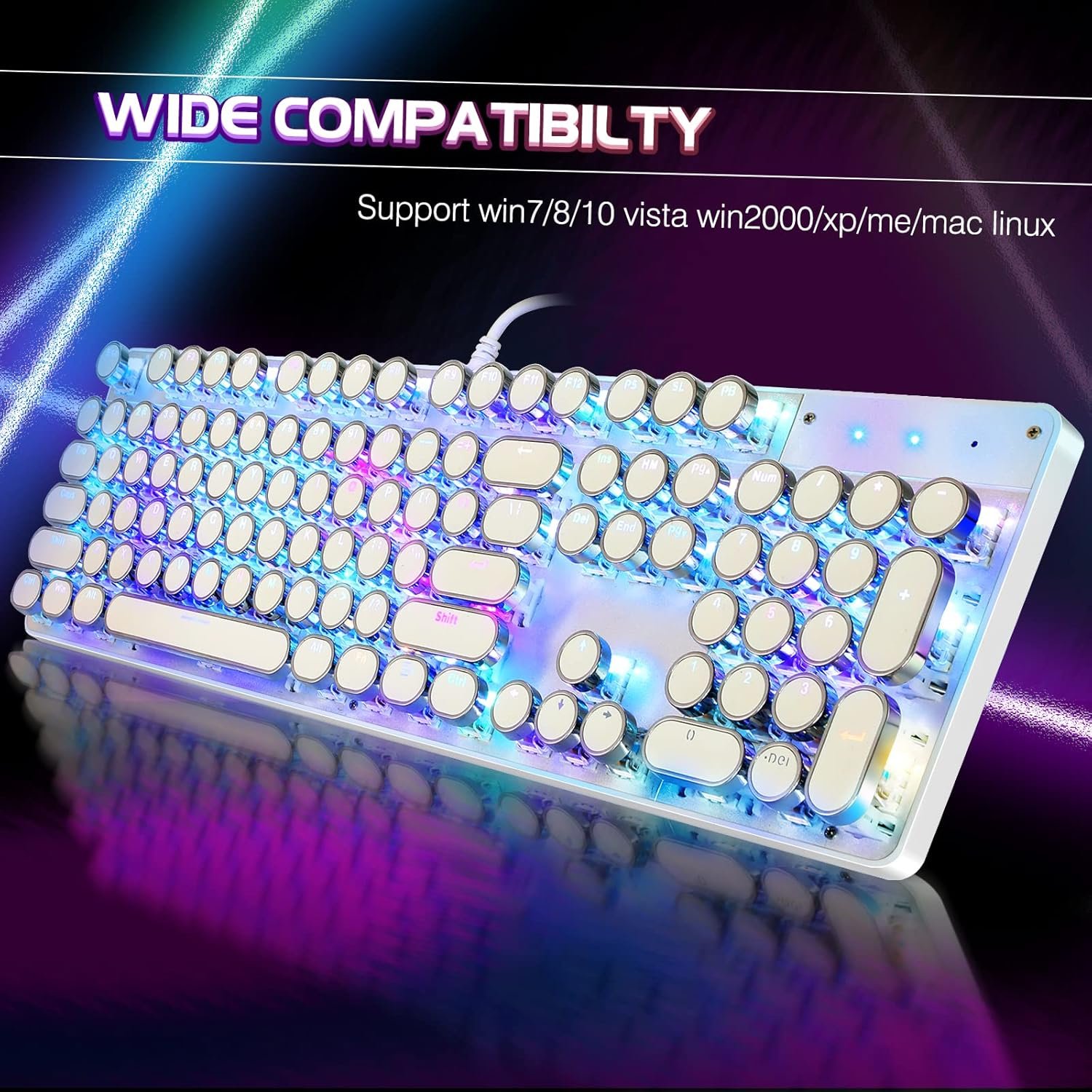 Typewriter Style Mechanical Gaming Keyboard RGB Backlit Wired with Blue Switch Retro Round Keycap 104 Keys Keyboard (White 104 Keys RGB) - Image 7