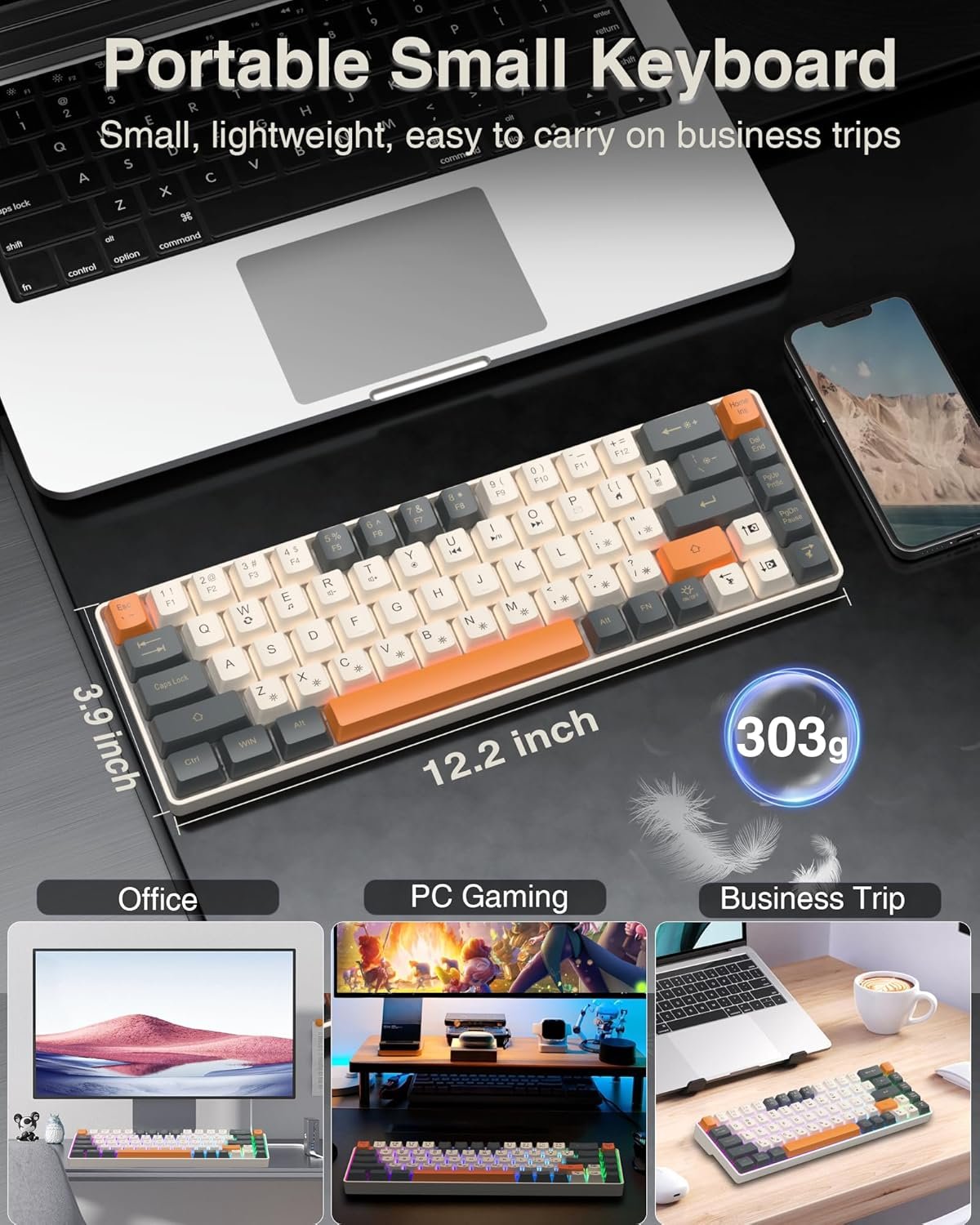 60 Percent Keyboard,RGB Backlit Gaming Keyboard USB-C Wired,Portable 68 Keys Compact Mini Keyboard for Business Trips,Office,PC Games (SK968,Grey&Orange) - Image 6