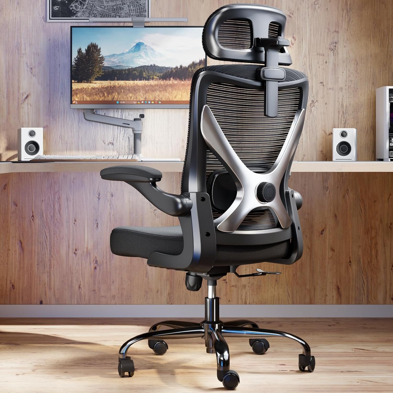 Ergonomic Office Chair - X-Shaped Computer Desk Chair Comfy, Gaming Chair, Office Chair with Lumbar Support, Mesh Office Chairs with Headrests, Desk Chair for Long Hours (Black Silver) - Image 2