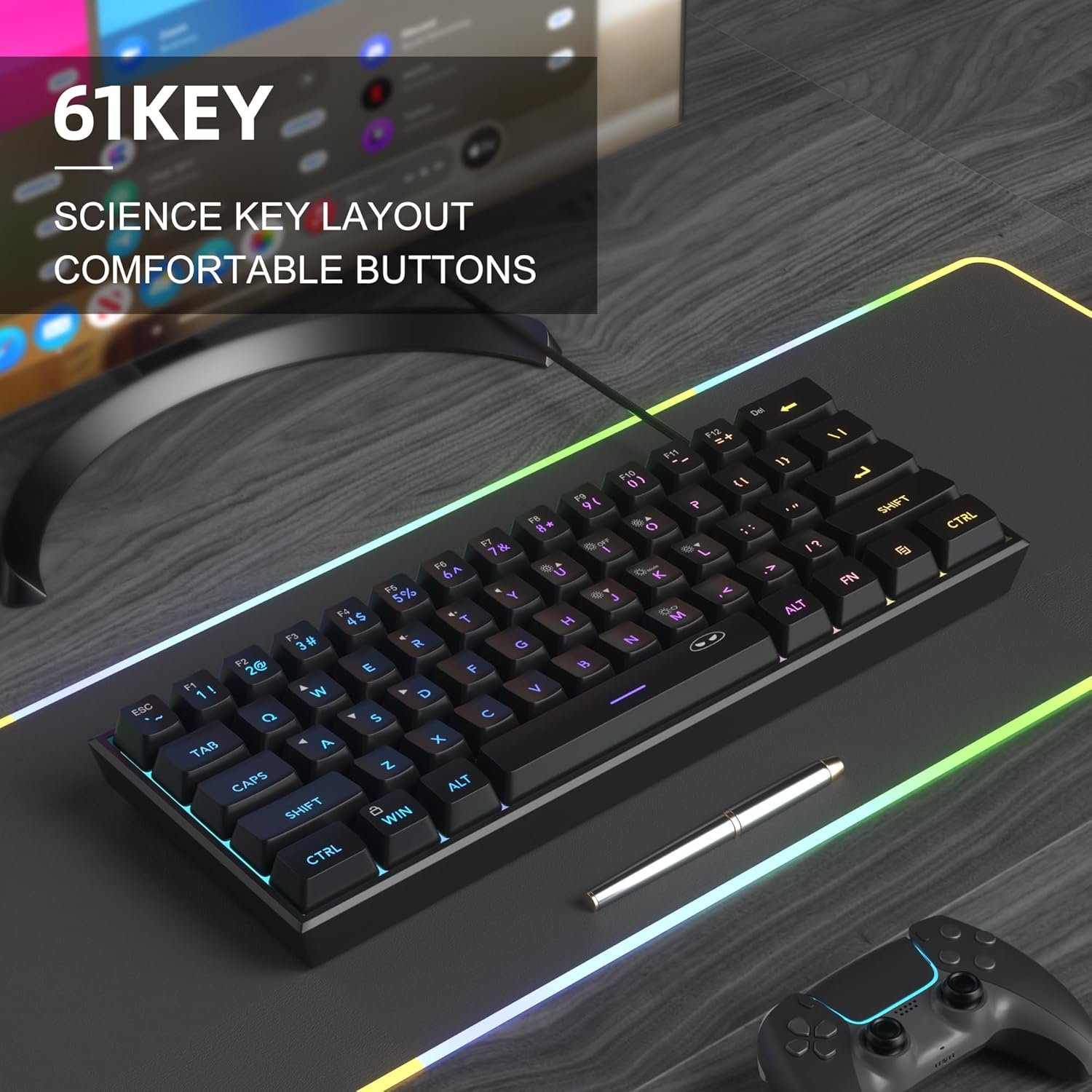 MageGee Mini 60% Gaming Keyboard, RGB Backlit 61 Key Ultra-Compact Keyboard, TS91 Ergonomic Waterproof Mechanical Feeling Office Computer Keyboard for PC, MAC, PS4, Xbox ONE Gamer(Black) - Image 6