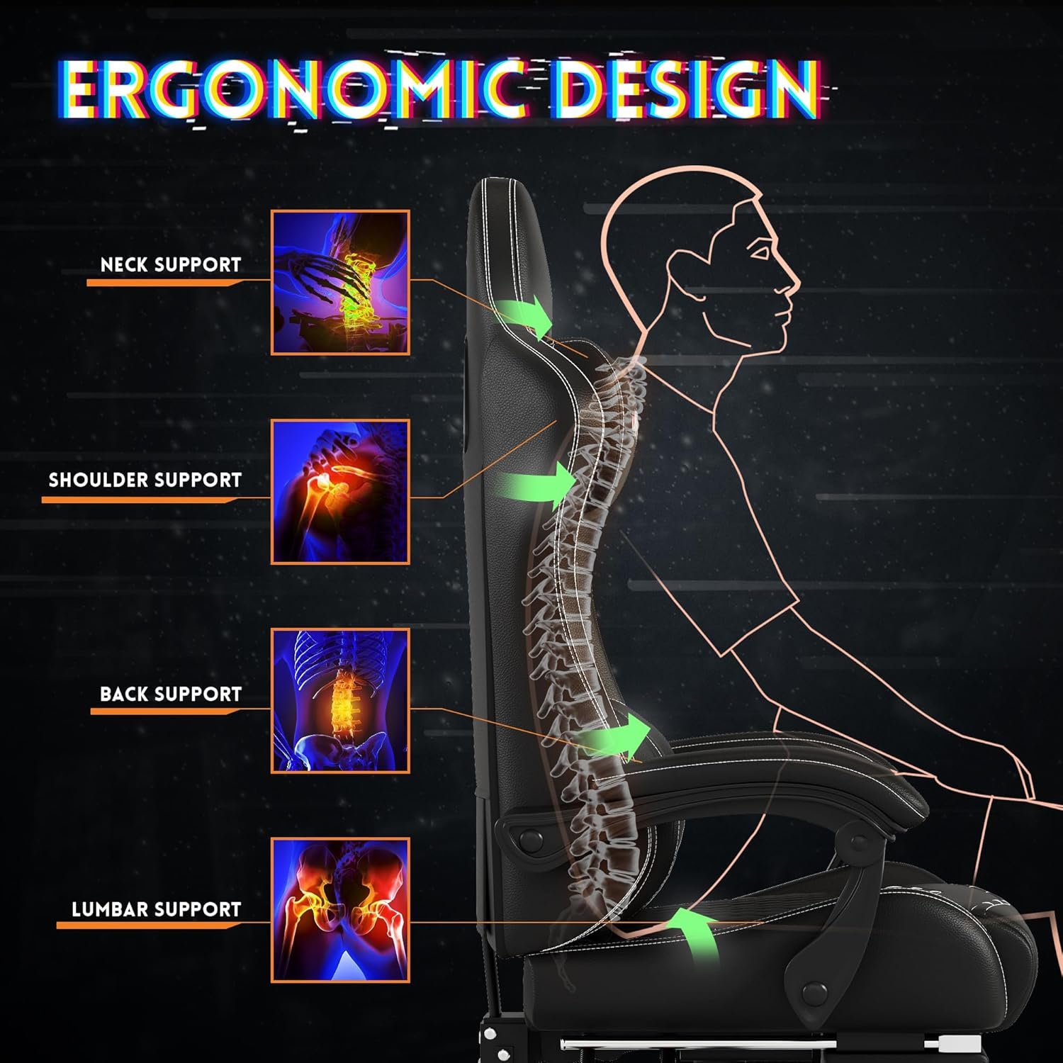 Gaming Chair,Computer Chair with Footrest,Ergonomic backrest and Lumbar Support,Breathable Leather,400LBS Support,Height Adjustable Game Chair with 360°-Swivel (Black) - Image 8