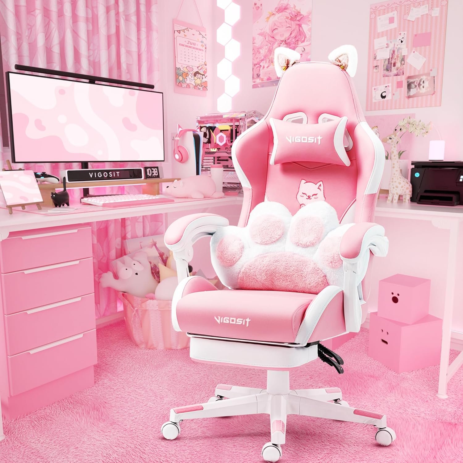 Pink Gaming Chair with Cat Paw Lumbar Cushion and Cat Ears, Ergonomic Computer Chair with Footrest, Reclining PC Game Chair for Girl, Teen - Image 2