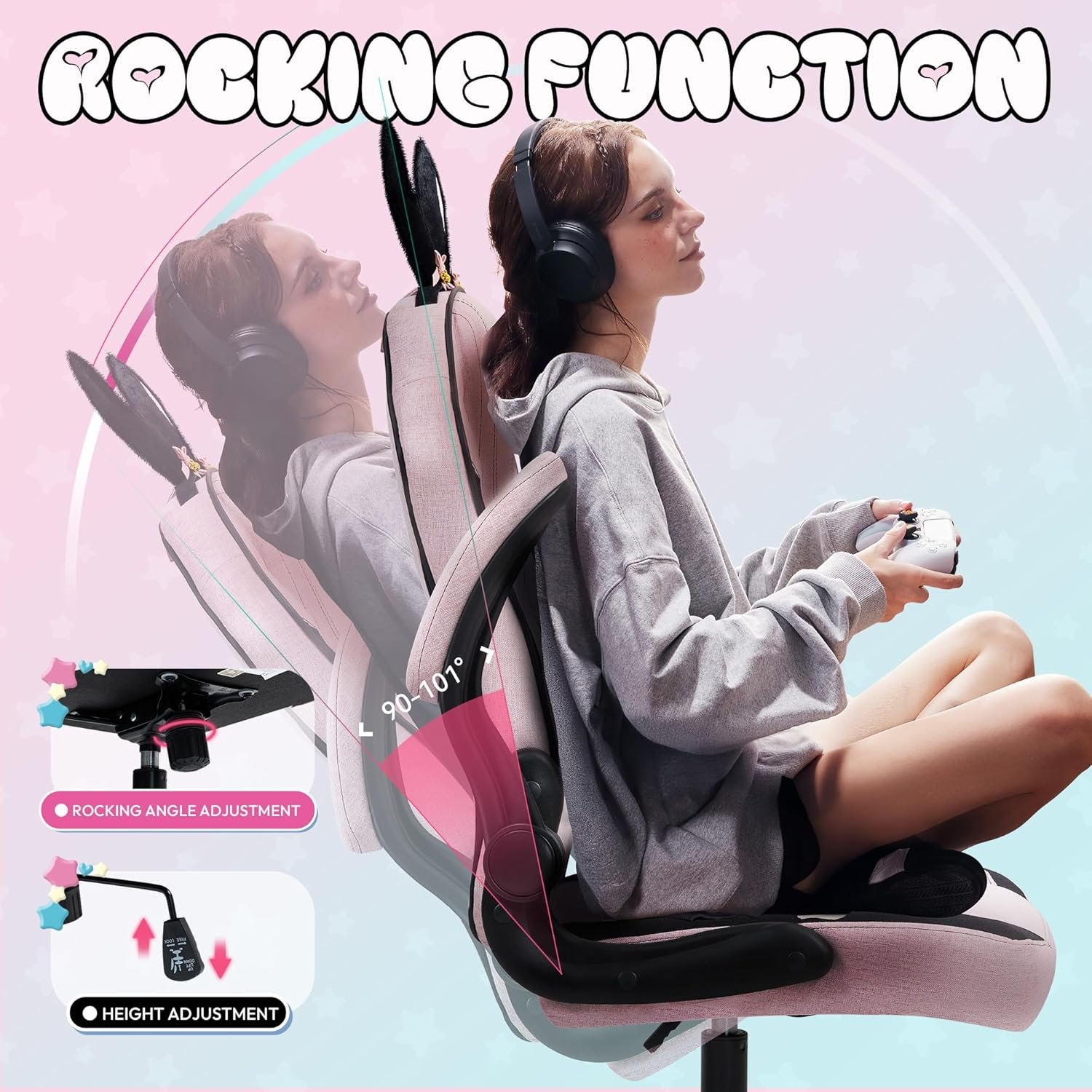 Dowinx Gaming Chair with Removable Cute Bunny Ears, Desk Game Chair Adiustable Height Cloth for Girl, Ergonomic Computer Chair for Adult, Teen, Executive Design for Home and Office, Pink - Image 6