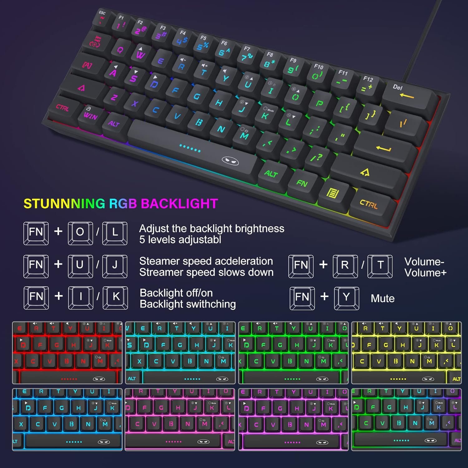 MageGee Mini 60% Gaming Keyboard, RGB Backlit 61 Key Ultra-Compact Keyboard, TS91 Ergonomic Waterproof Mechanical Feeling Office Computer Keyboard for PC, MAC, PS4, Xbox ONE Gamer(Black) - Image 5