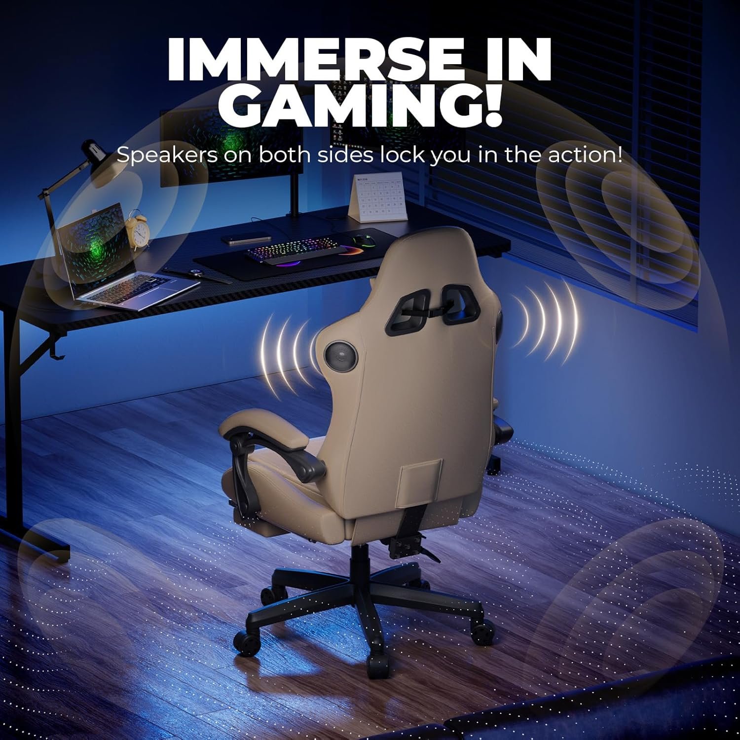 GTPLAYER Gaming Chair, Computer Chair with Footrest and Bluetooth Speakers, High Back Ergonomic Gaming Chairs, Reclining Gaming Chair with Linkage Armrests for Adults by GTRacing (Leather, Ivory) - Image 6