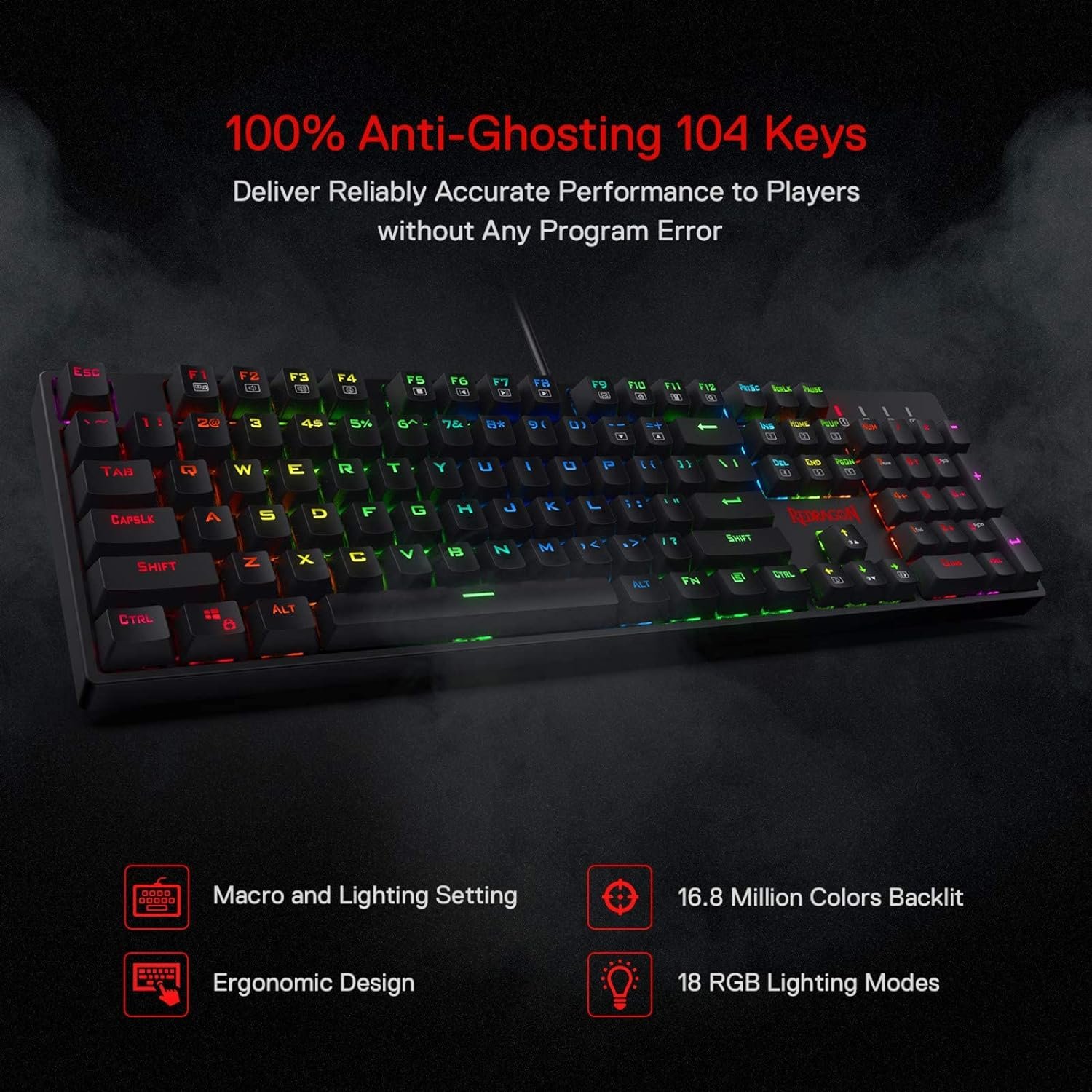 Redragon K582 RGB Mechanical Gaming Keyboard, 100% 104 Keys Standard Layout Gaming Keyboard with Double-Shot ABS Keycaps, Dynamic 16.8M RGB Backlit & Linear Red Switch, Redefine Software Supported - Image 8