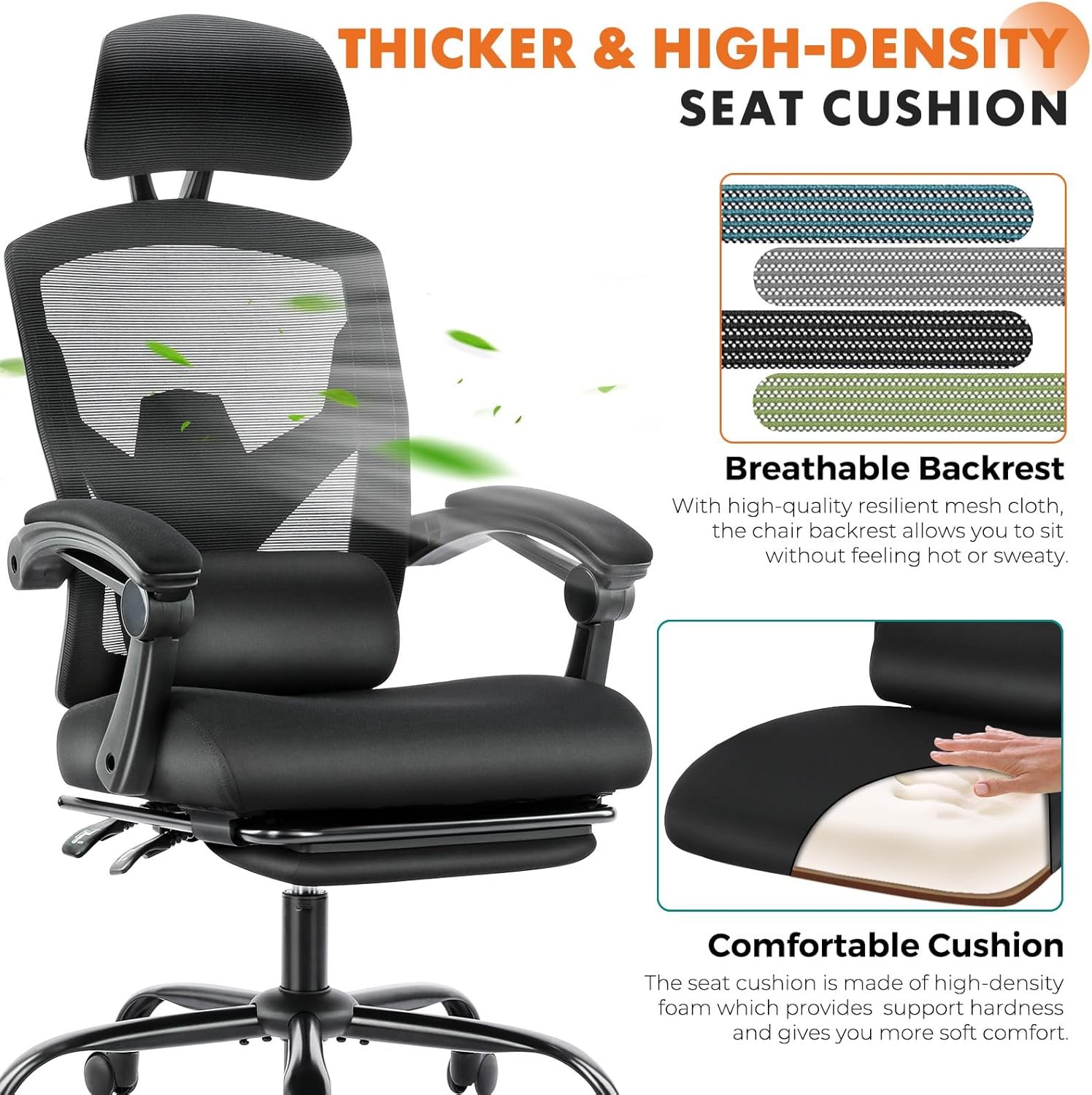 Sweetcrispy Office Computer Desk Chair, Ergonomic High-Back Mesh Rolling Work Swivel Chairs with Wheels, Comfortable Lumbar Support, Comfy Arms for Home, Bedroom, Study, Student, Black - Image 4