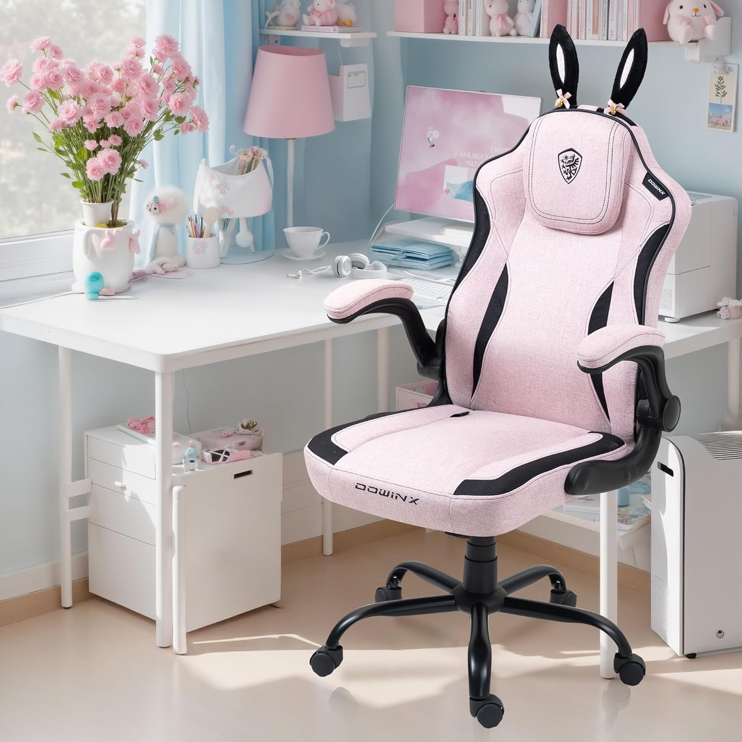 Dowinx Gaming Chair with Removable Cute Bunny Ears, Desk Game Chair Adiustable Height Cloth for Girl, Ergonomic Computer Chair for Adult, Teen, Executive Design for Home and Office, Pink - Image 9