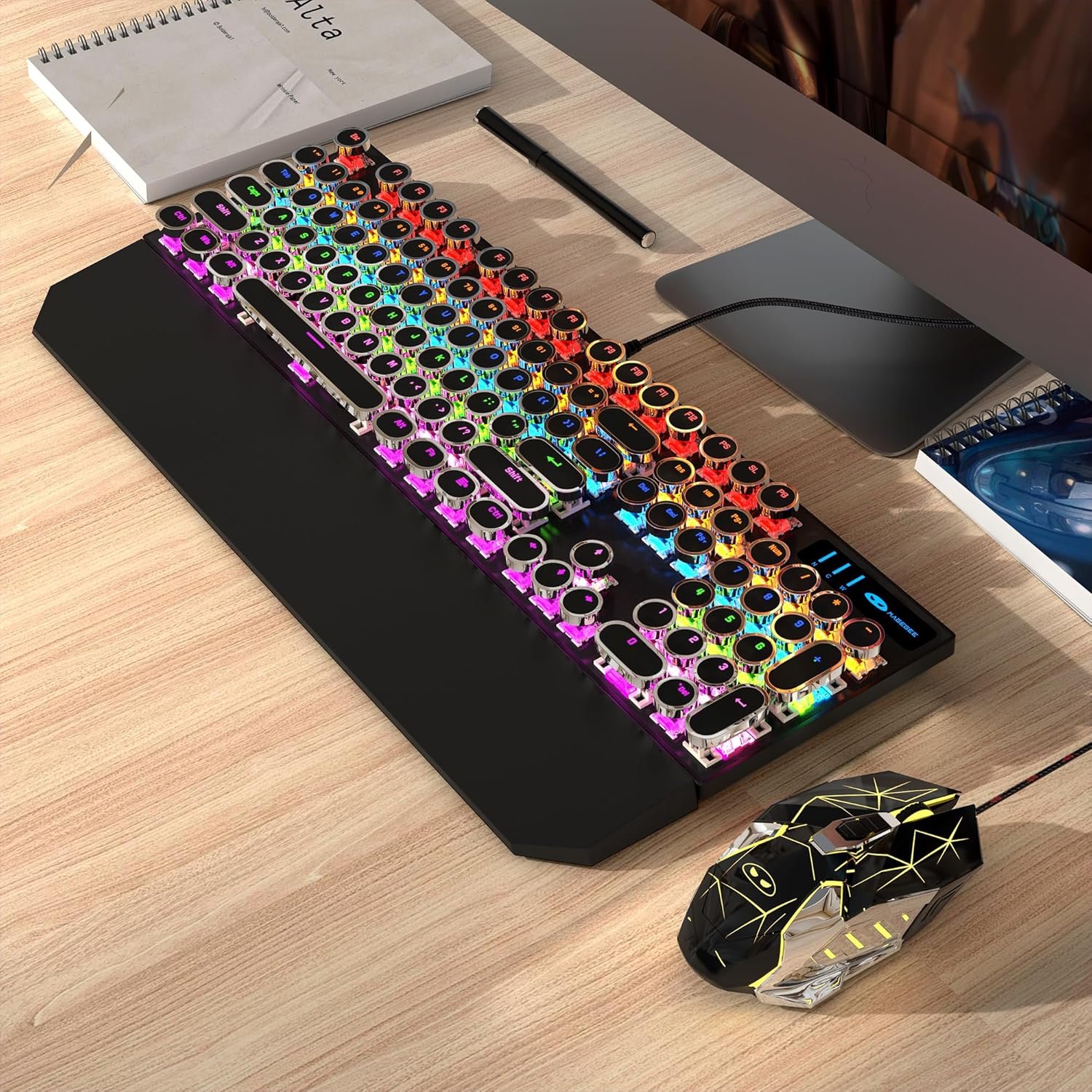 Typewriter Mechanical Gaming Keyboard and Mouse Combo, Retro Punk Round Keycaps RGB Rainbow LED Backlit USB Wired Computer Keyboard for Game and Office, for Windows Laptop PC, Red Switches(Black) - Image 7