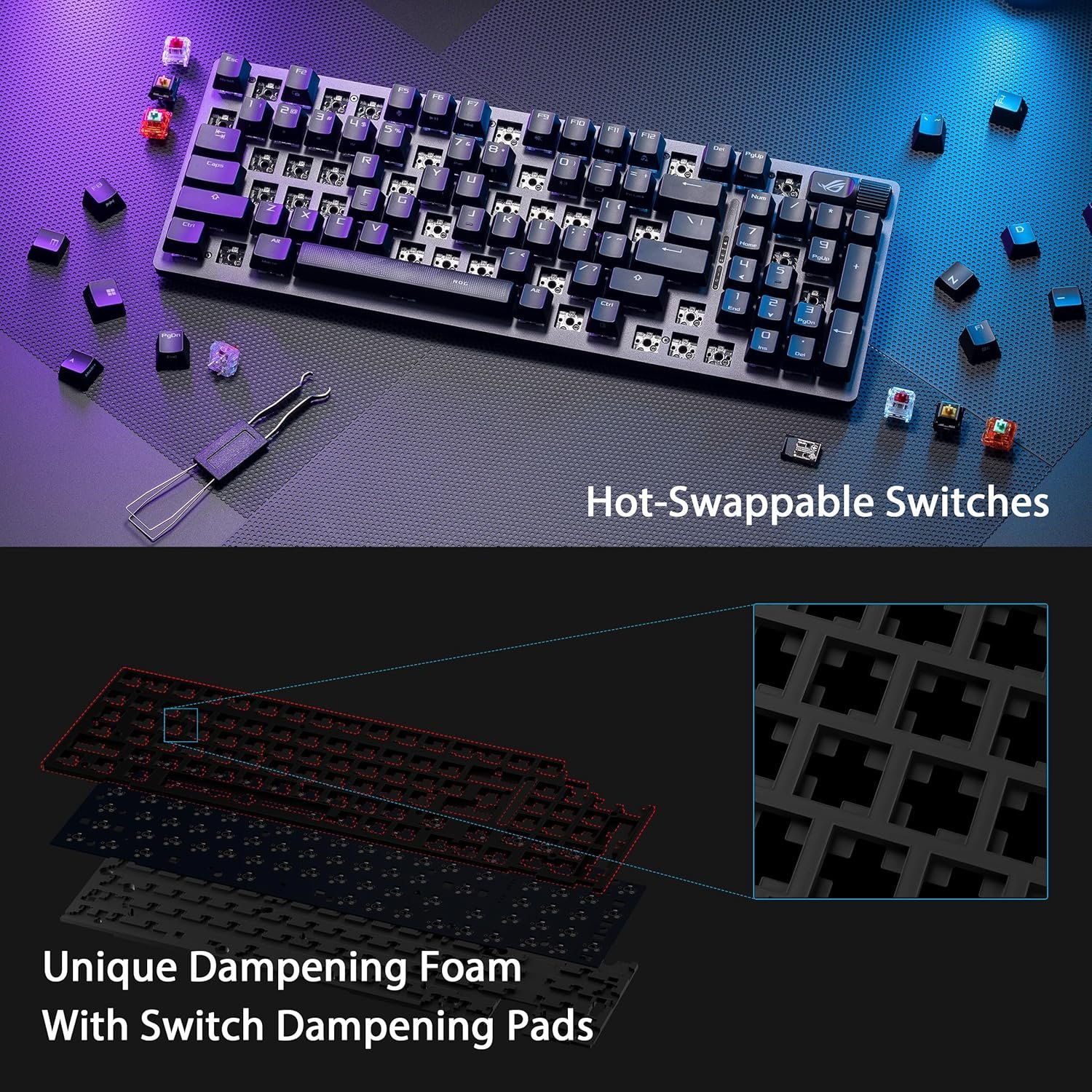 ASUS ROG Strix Scope II 96 Wireless Gaming Keyboard, Tri-Mode Connection, Dampening Foam & Switch-Dampening Pads, Hot-Swappable Pre-lubed ROG NX Snow Switches, PBT Keycaps, RGB-Black - Image 5