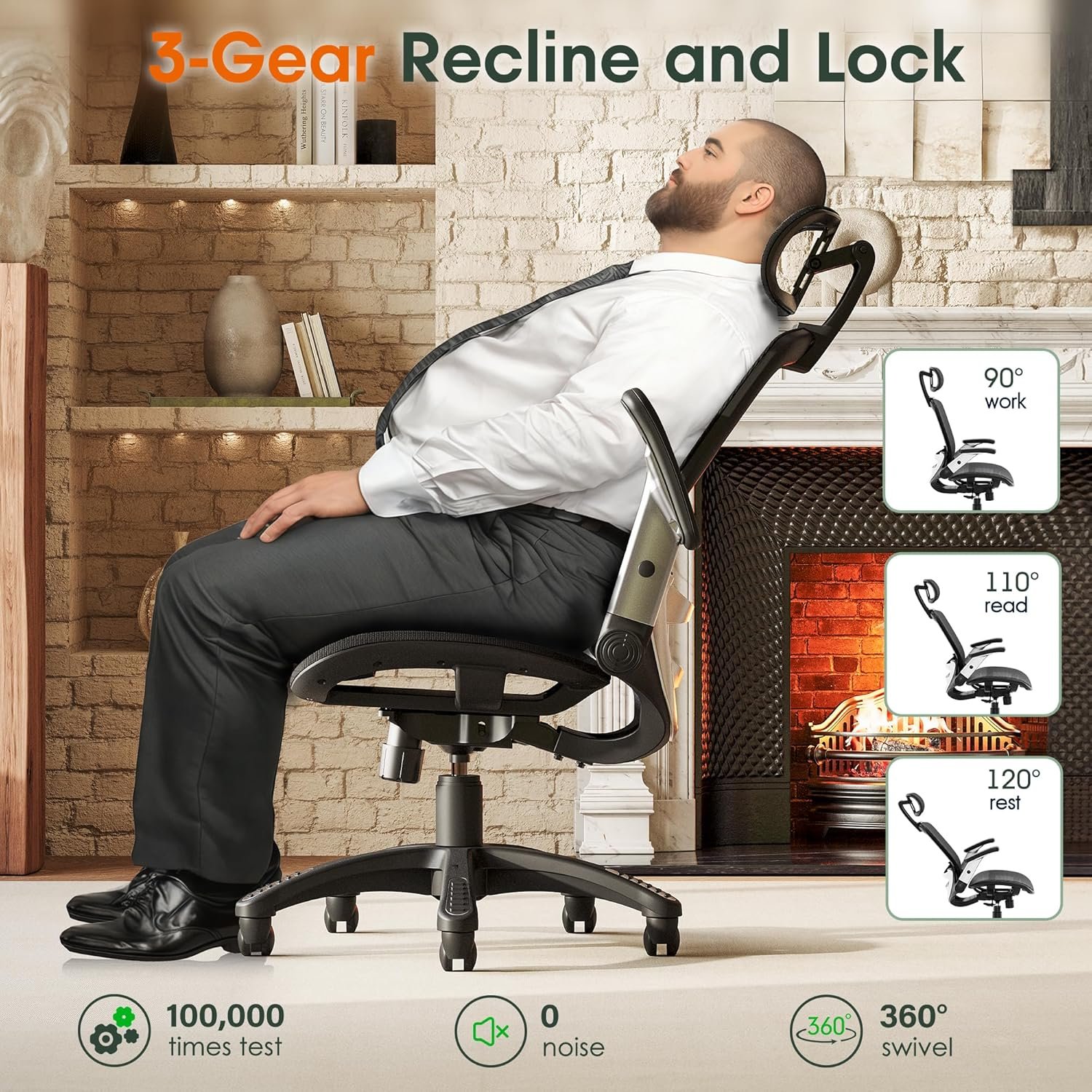 GABRYLLY Ergonomic Office Chair, High Back Home Desk Chair with Headrest, Flip-Up Arms, 90-120° Tilt Lock and Wide Cushion, Big and Tall Mesh Chairs for Man Woman, Black Task Chair - Image 7